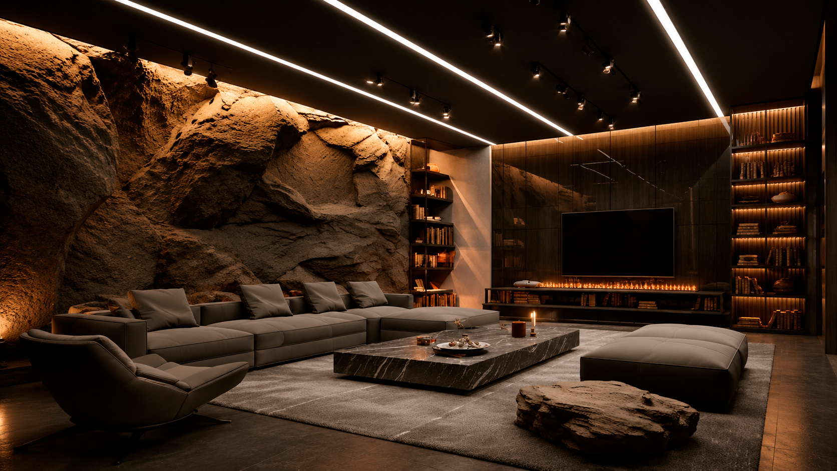 Large-format natural stone and engineered surface slabs displayed in an architectural materials setting.