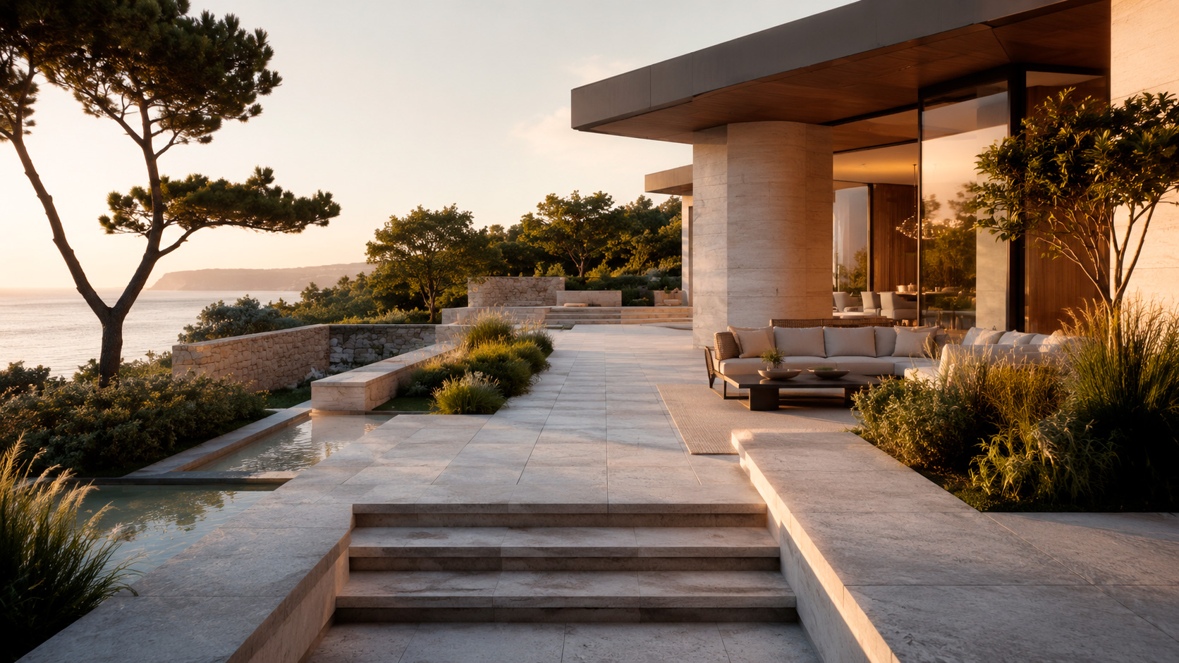 Contemporary coastal terrace with large-format stone pavers, landscaped gardens and an outdoor living area.