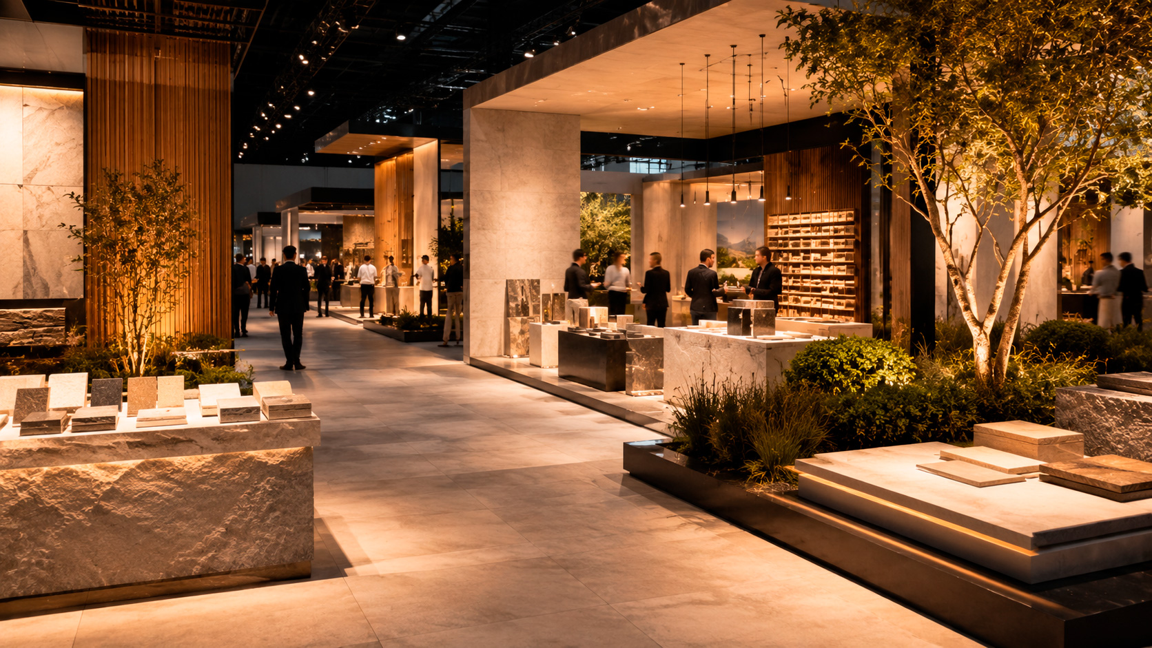 International construction materials trade fair with exhibition stands, visitors and product displays.