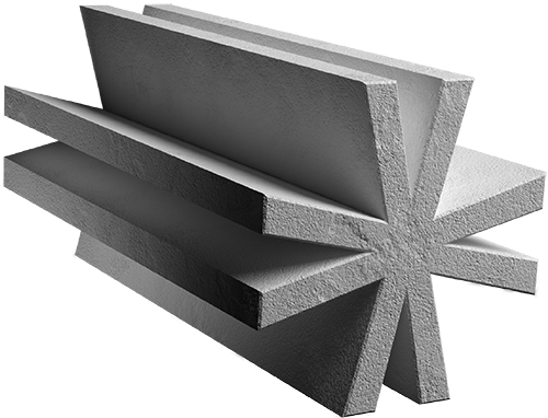 Stacked gray architectural panels with layered textures and varied thicknesses.