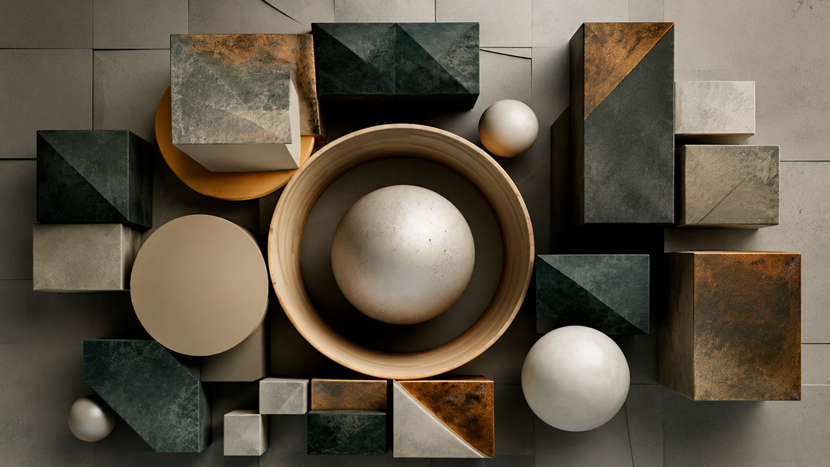 Abstract composition of ceramic and porcelain surfaces in stone, metallic and neutral finishes.