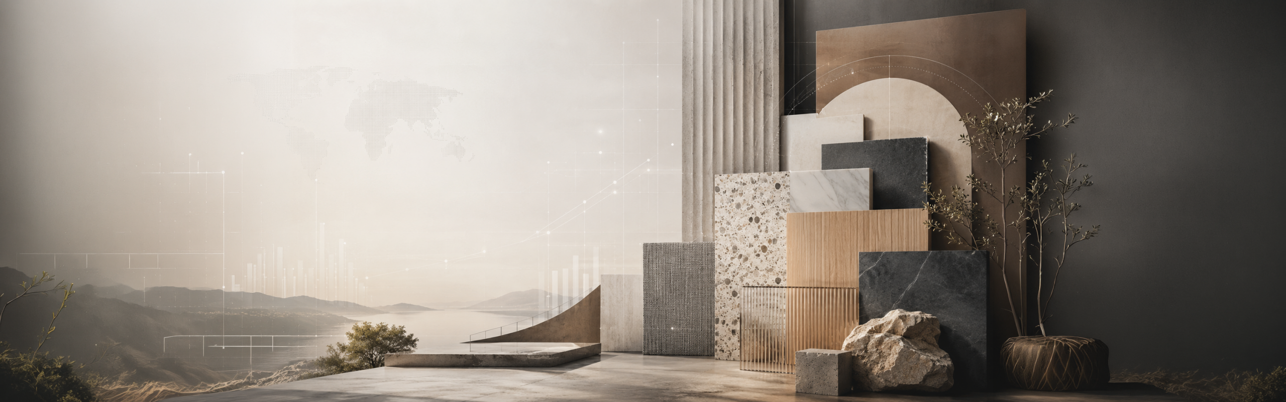 Composition of ceramic, natural stone and wood samples in varied colors, textures and finishes.