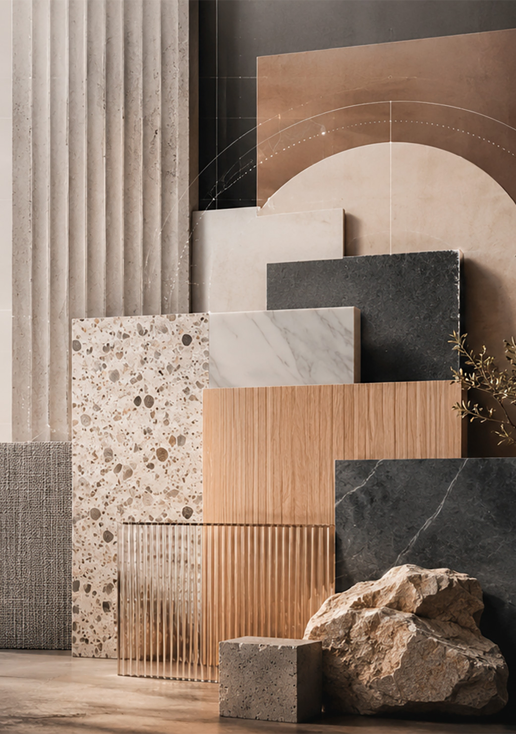 Composition of ceramic, natural stone and wood samples in varied colors, textures and finishes.