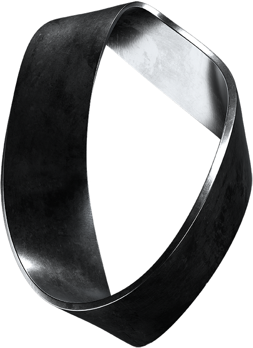 Abstract black metallic ribbon forming a continuous sculptural loop.