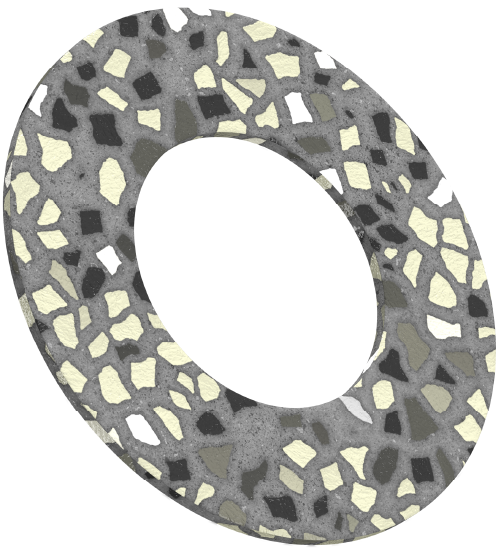Abstract oval ring with a gray terrazzo surface and black, white and beige stone fragments.