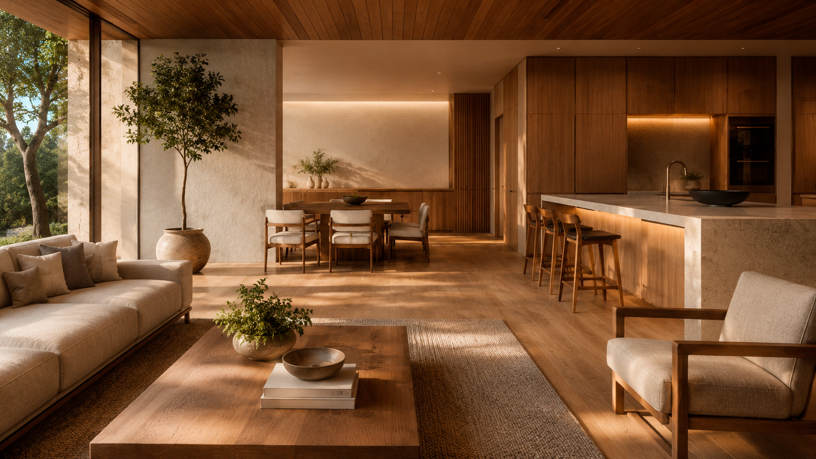 Interior with wood and LVT flooring in warm tones, highlighting visible finishing materials.