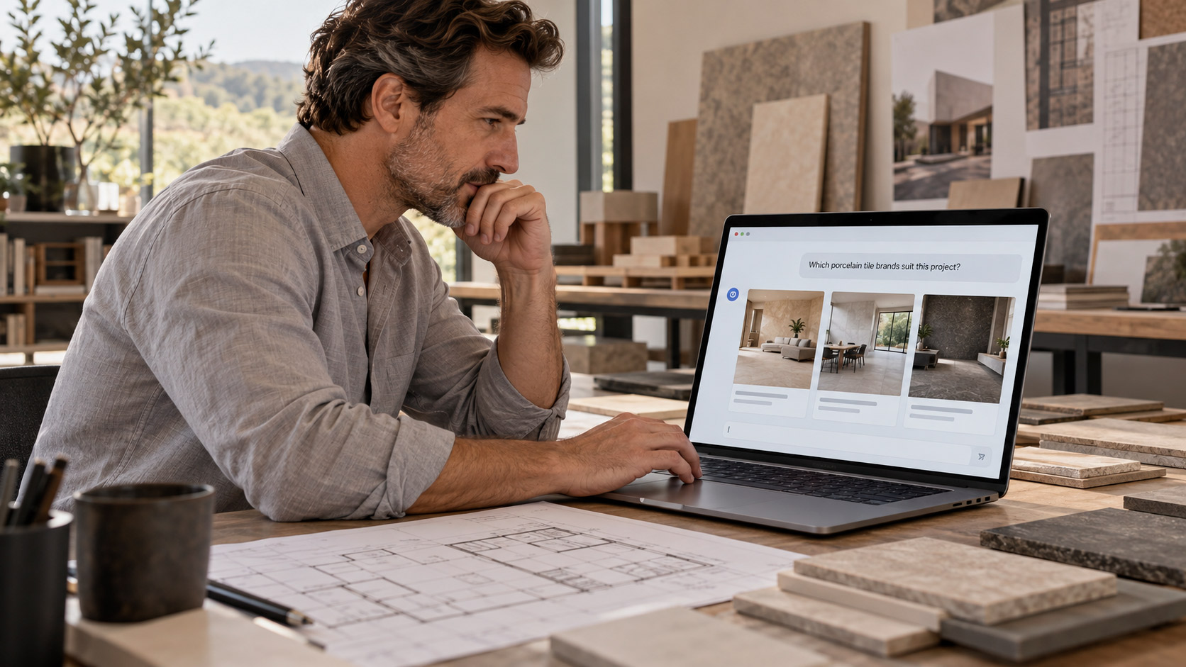 Architect asking an AI assistant to recommend ceramic tile brands for a project