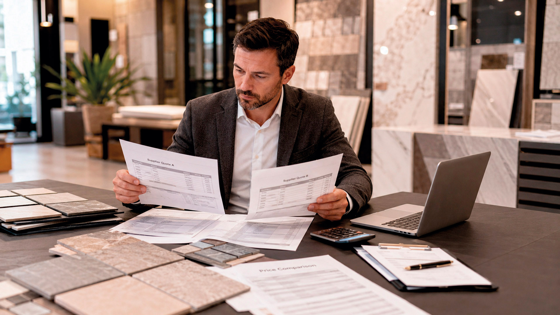 Ceramic tile price negotiation — distributor comparing quotes from competing tile manufacturers