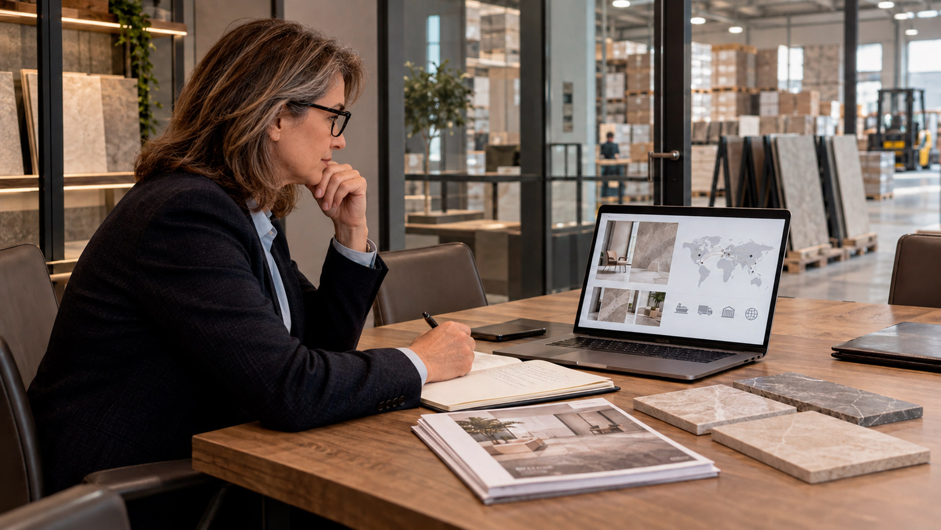 International distributor reviewing a ceramic brand's export presentation
